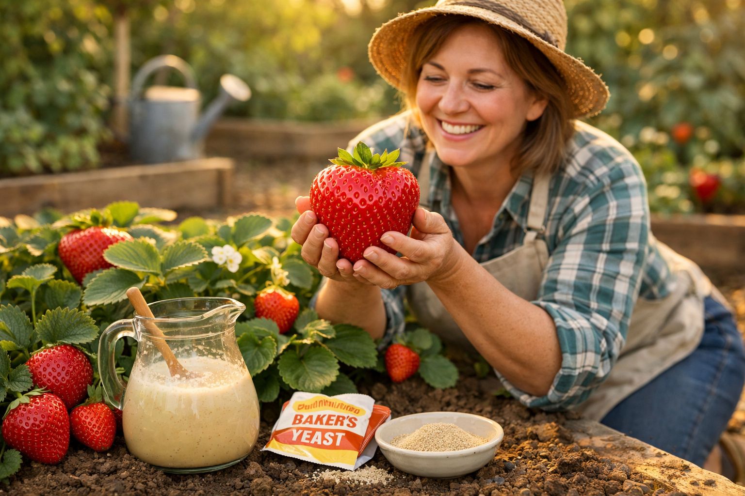 Mulher com chapéu segurando morango gigante no campo junto a ingredientes para fermentação.