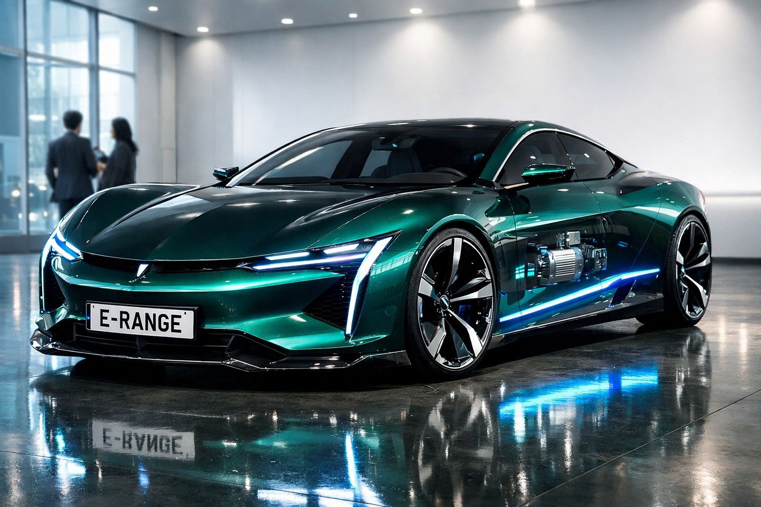 Carro desportivo elétrico verde escuro estacionado em espaço interior com luzes azuis refletidas no chão.