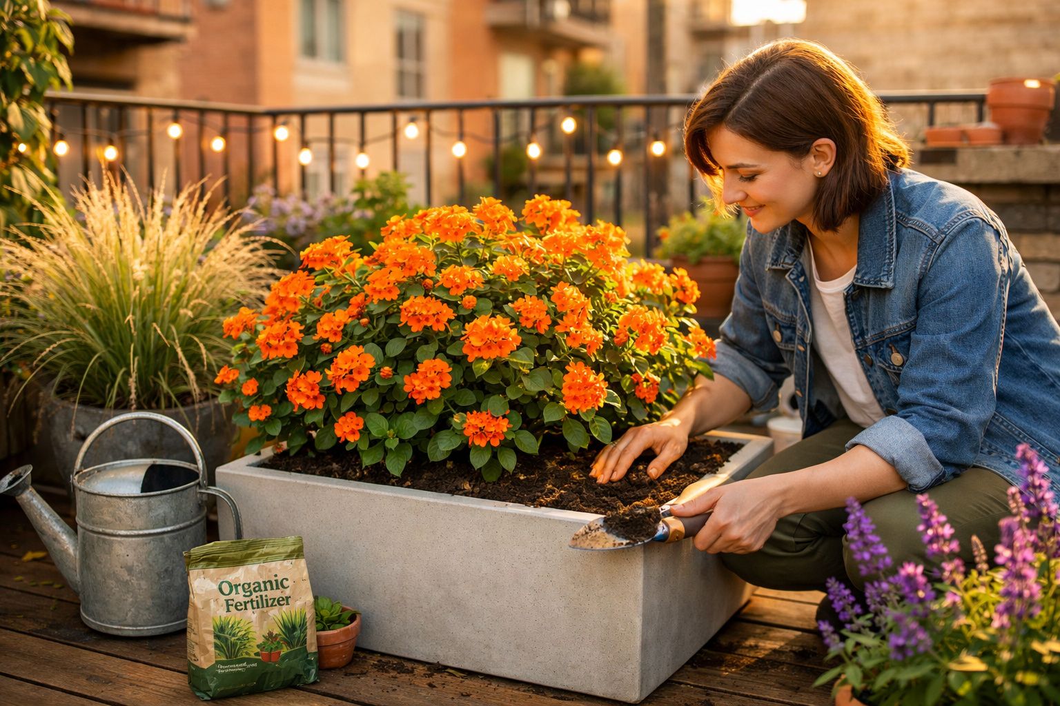 Mulher a cuidar de flores laranja num vaso grande no terraço ao entardecer.