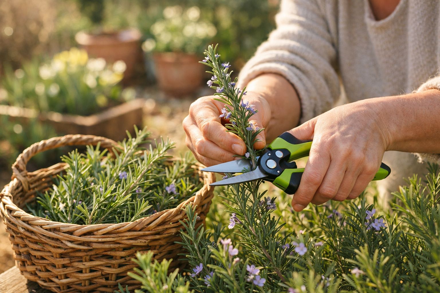 Mãos a cortar raminho de alecrim com tesoura de poda, junto a cesta cheia de alecrim fresco.