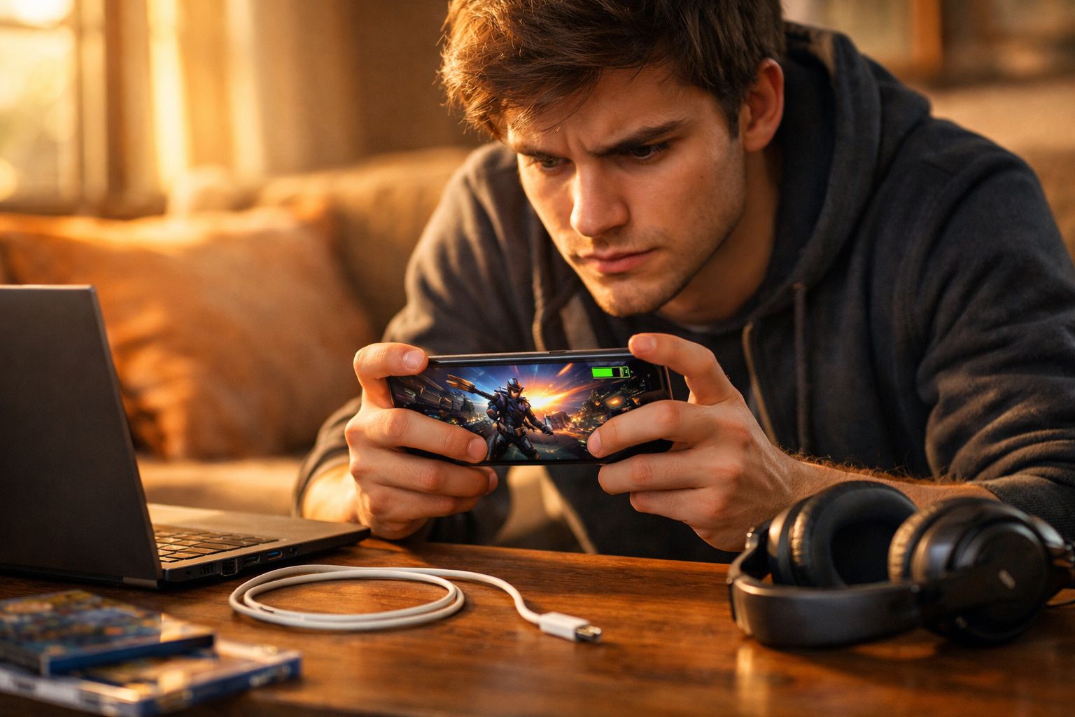 Homem concentrado joga jogo de ação num telemóvel, sentado à mesa com portátil e auscultadores.