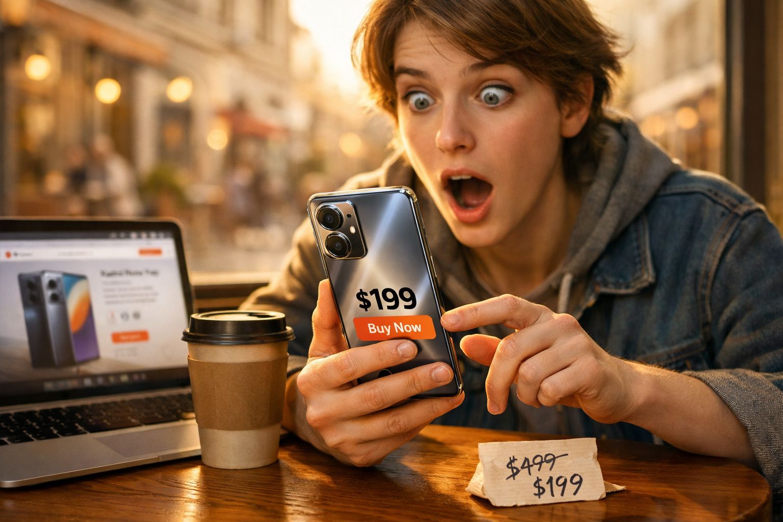 Pessoa surpreendida ao ver telemóvel à venda por 199 dólares, com computador e oferta de café na mesa.