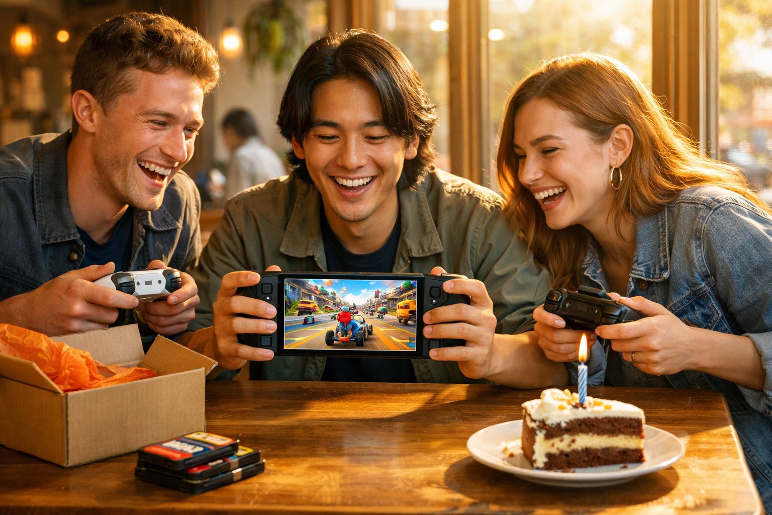 Três jovens divertem-se a jogar videojogos num dispositivo portátil durante uma celebração com bolo e vela.
