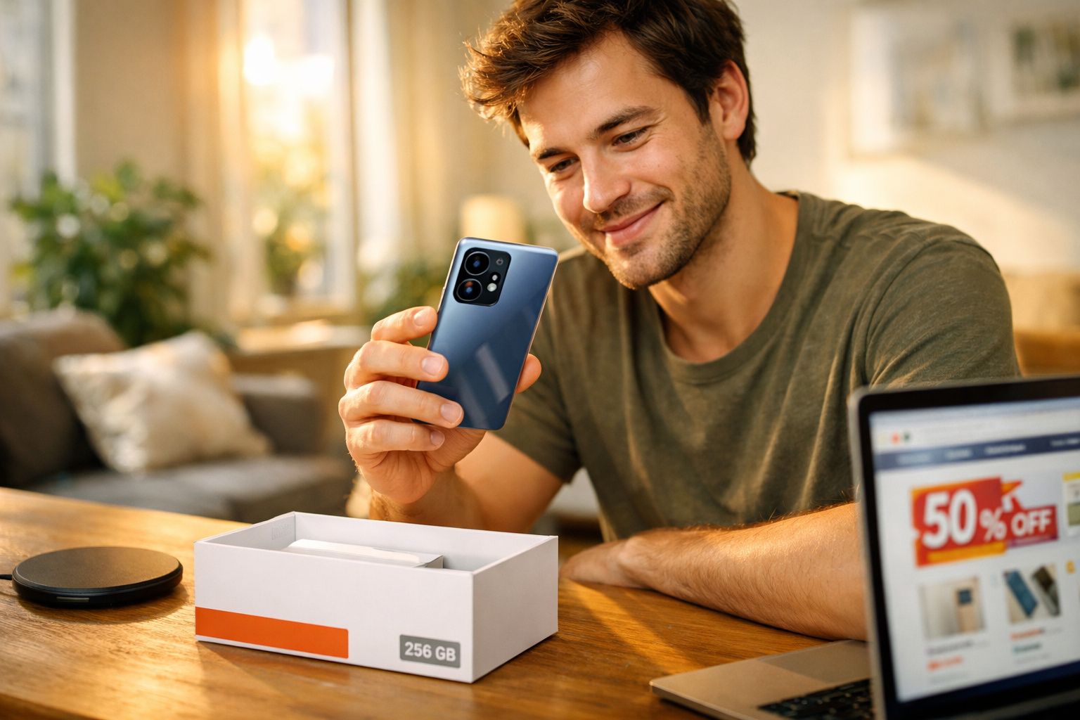 Homem sorridente a segurar um telemóvel novo junto à caixa com capacidade de 256 GB numa sala iluminada.