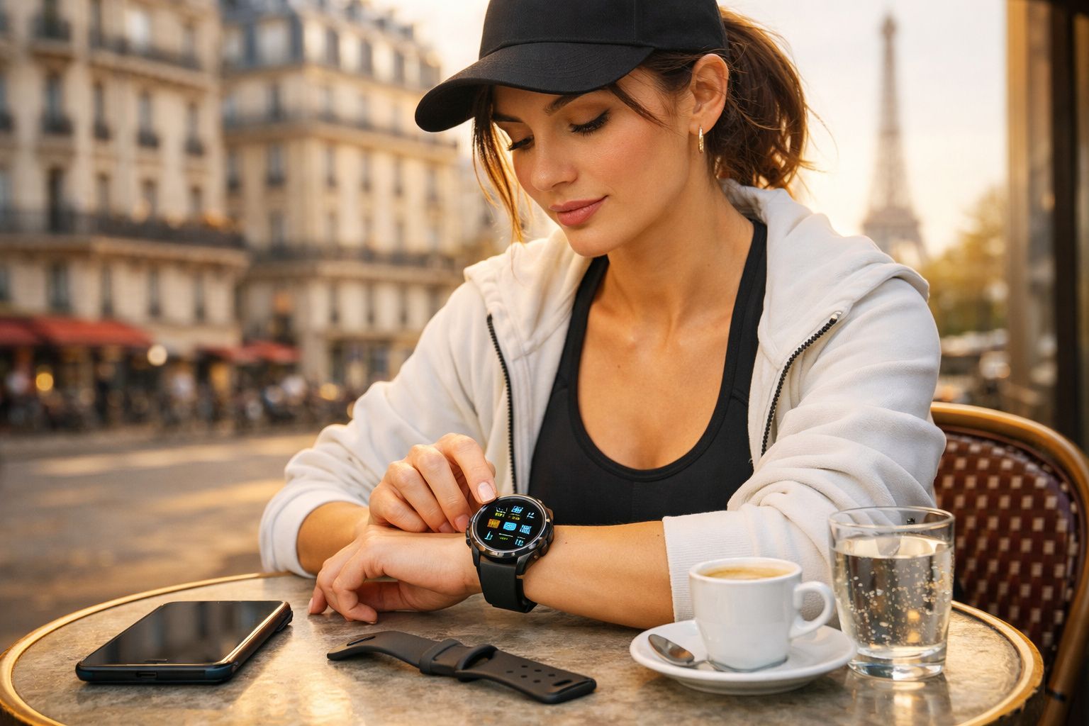 Mulher sentada num café ao ar livre a olhar para o relógio inteligente no pulso, com café e água na mesa.