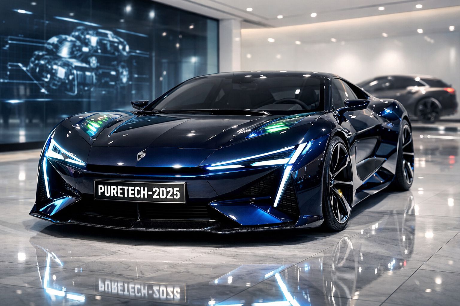 Carro desportivo eléctrico azul escuro com design futurista e luzes LED, apresentado em showroom moderno.