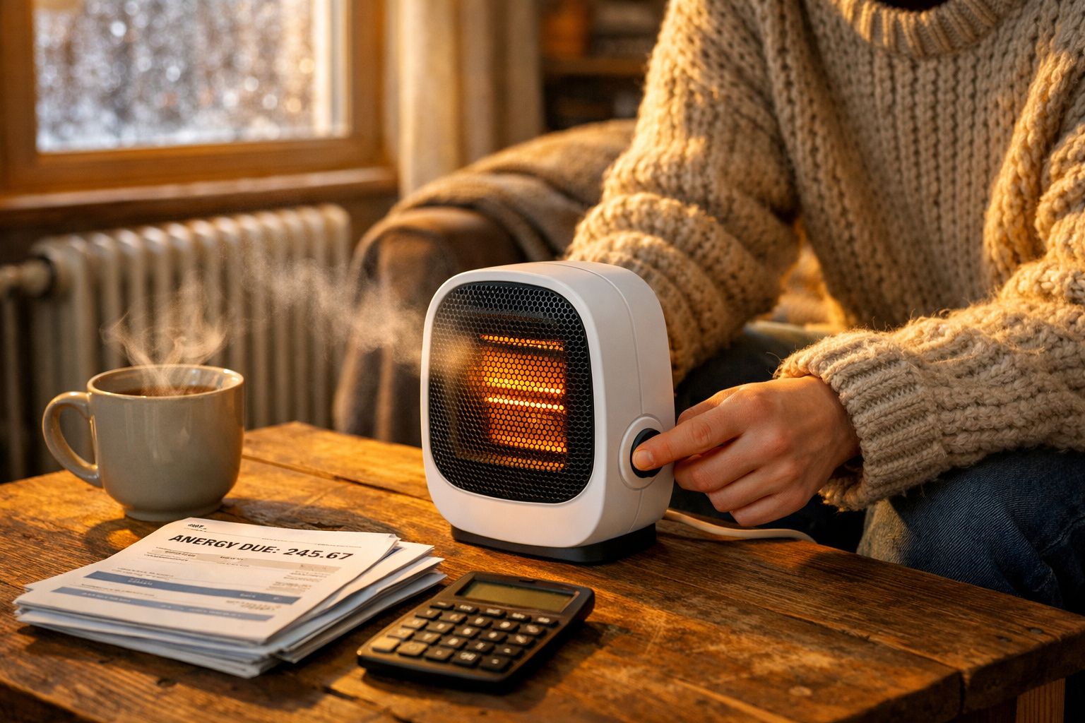 Pessoa a ligar aquecedor elétrico numa mesa com fatura, calculadora e chá quente fumegante.