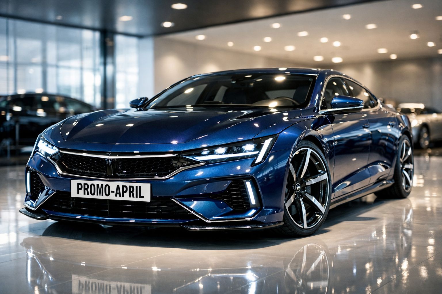 Carro desportivo azul metálico numa exposição com placas promocionais à frente.