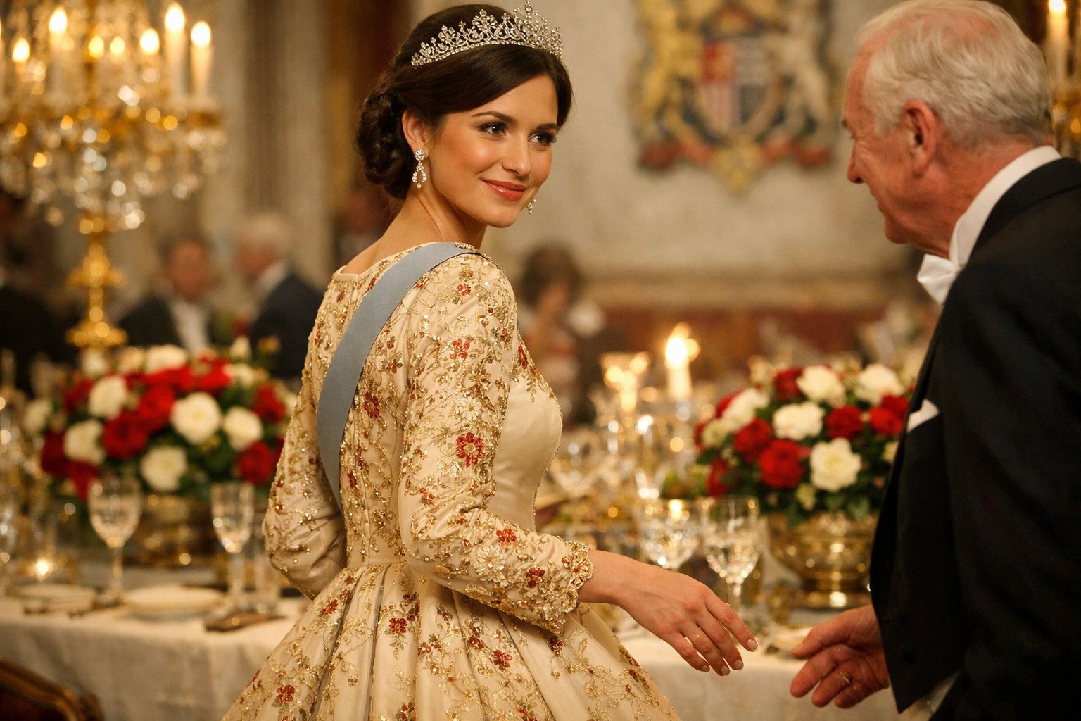 Mulher vestida com vestido bordado e faixa azul, sorrindo em evento formal com decoração luxuosa.