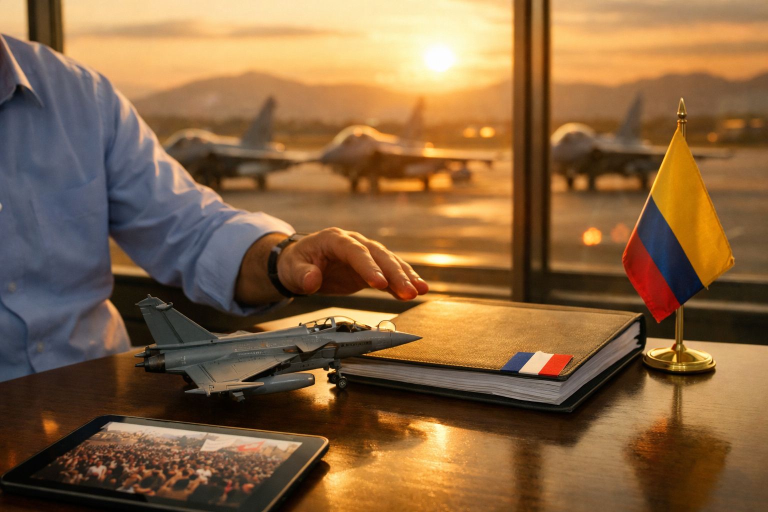 Pessoa à mesa com maqueta de avião militar, livro com bandeira francesa e pequena bandeira da Colômbia ao pôr do sol