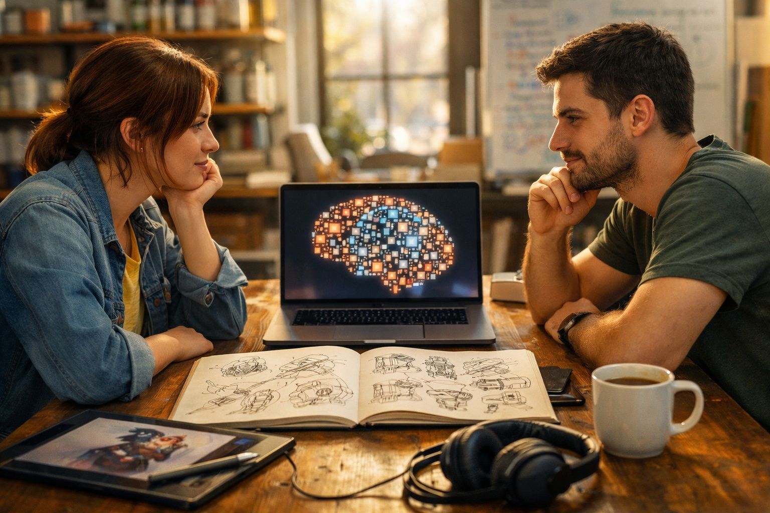 Duas pessoas sentadas à mesa a observar um ecrã com imagem digital de cérebro, rodeadas de livros e eletrónicos.