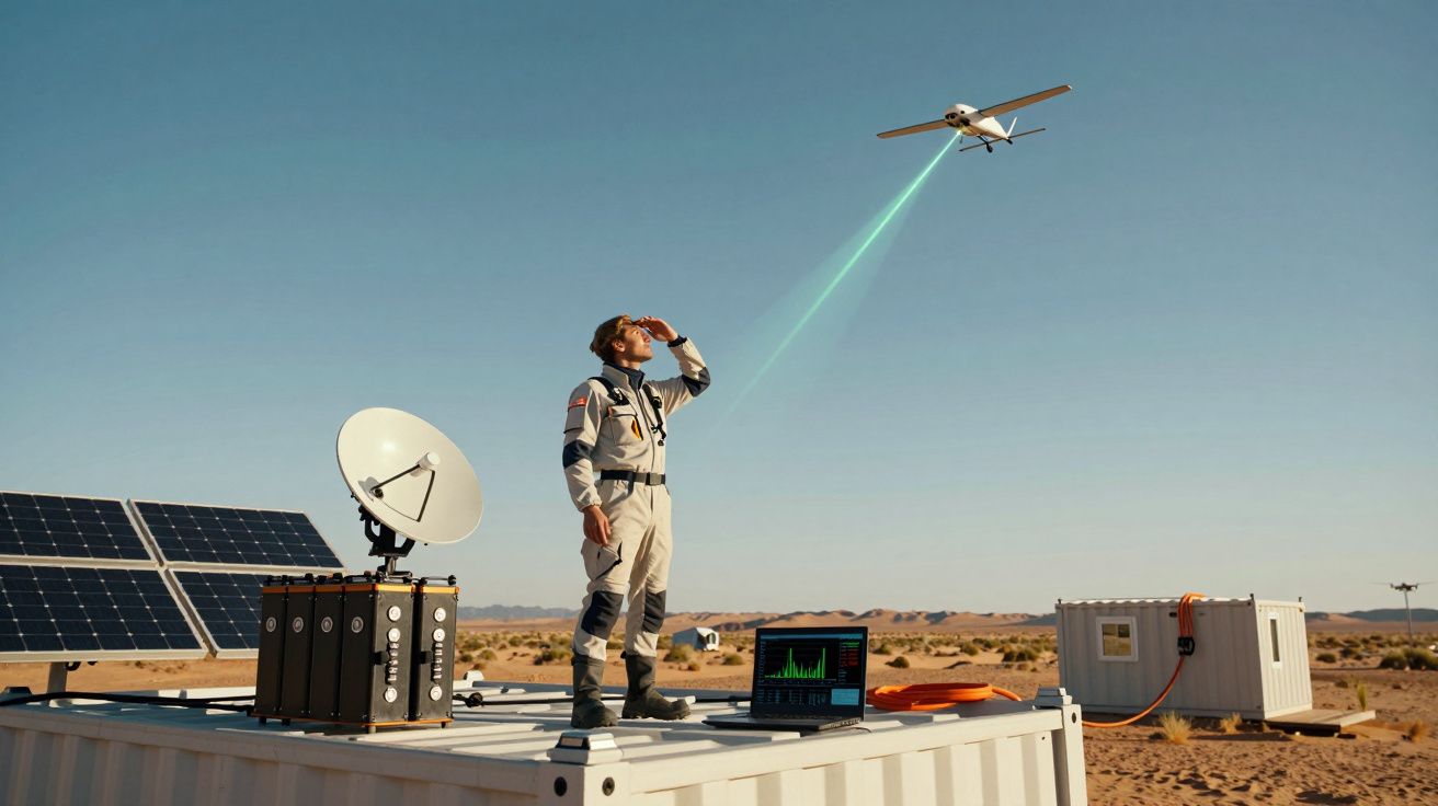 Homem em fatos espaciais observa drone no céu com antena parabólica e painéis solares em ambiente desértico.