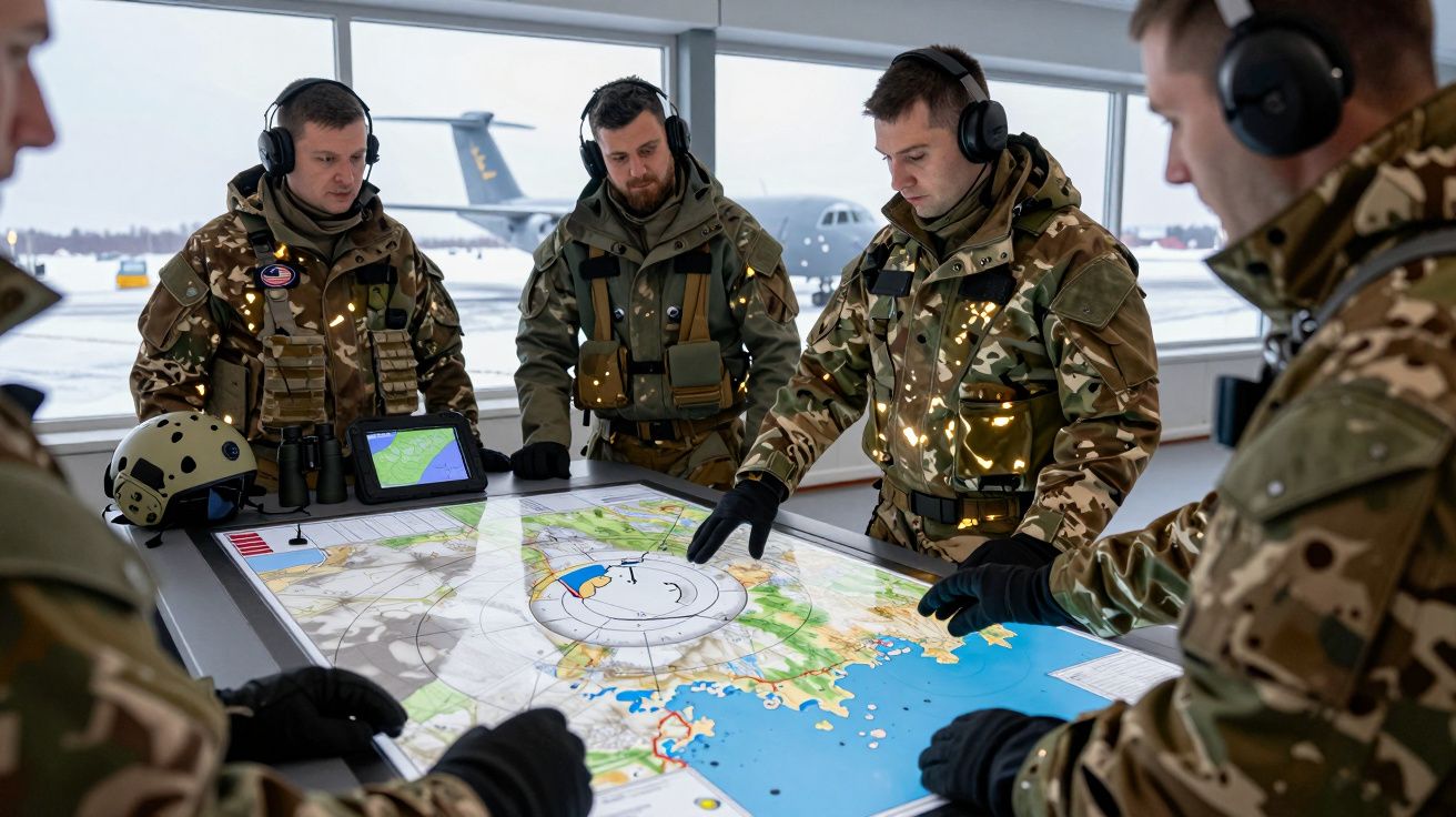Soldados em uniformes militares com auscultadores planeiam estratégia numa mesa com mapa e avião no fundo.