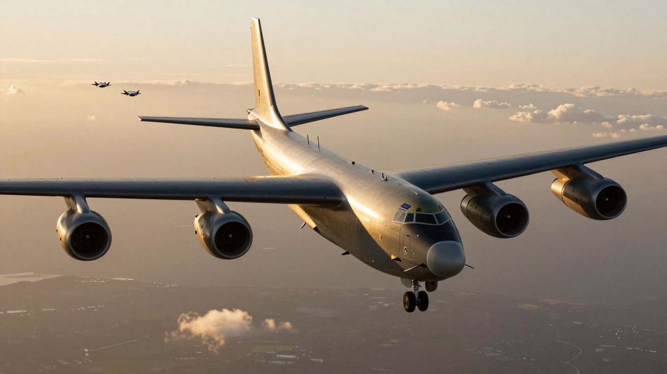 Avião militar gigante com quatro motores voando ao pôr do sol acompanhado por dois caças pequenos ao fundo.