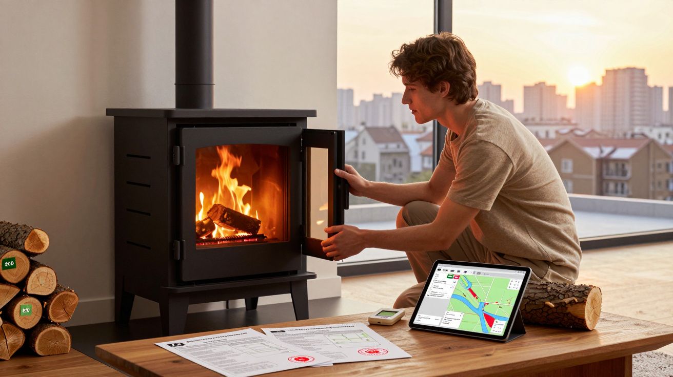 Homem a acender lareira numa sala com janelas grandes e vista para cidade ao pôr do sol.