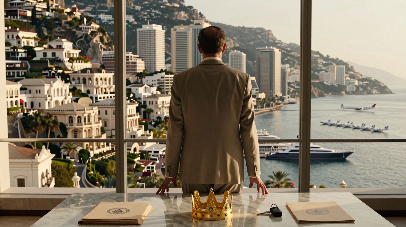 Homem de fato visto de costas numa sala luxuosa com vista para cidade costeira, mesa com coroa dourada.