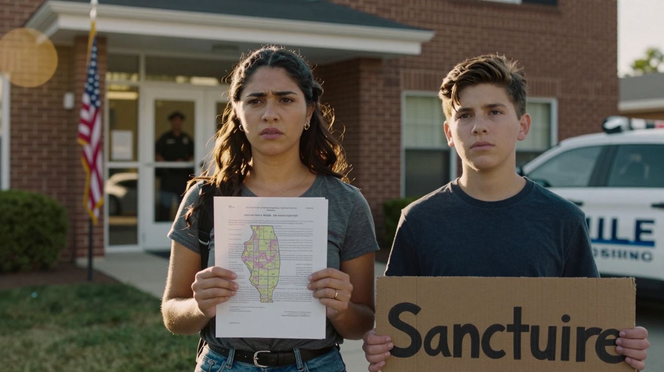 Duas pessoas jovens seguram um mapa e uma placa com a palavra "Sanctuaire" à frente de um edifício oficial.