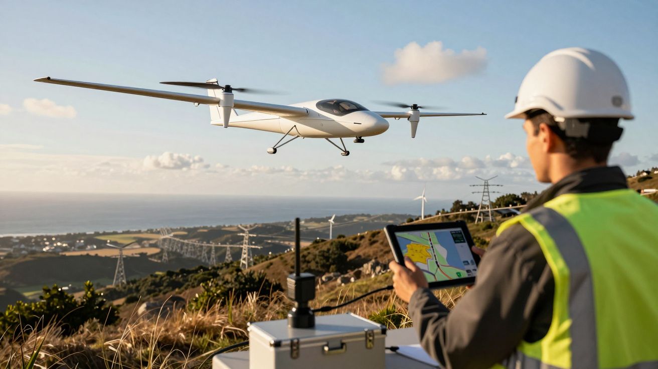 Engenheiro a controlar drone branco com tablet num campo aberto com turbinas eólicas ao fundo.