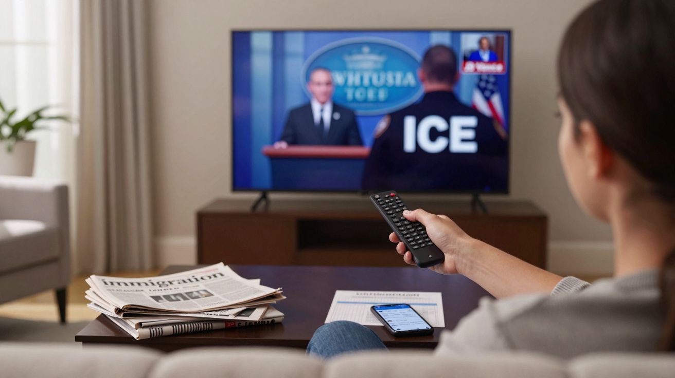 Pessoa segurando comando à distância a ver TV com notícia sobre Imigração e agente ICE no ecrã.