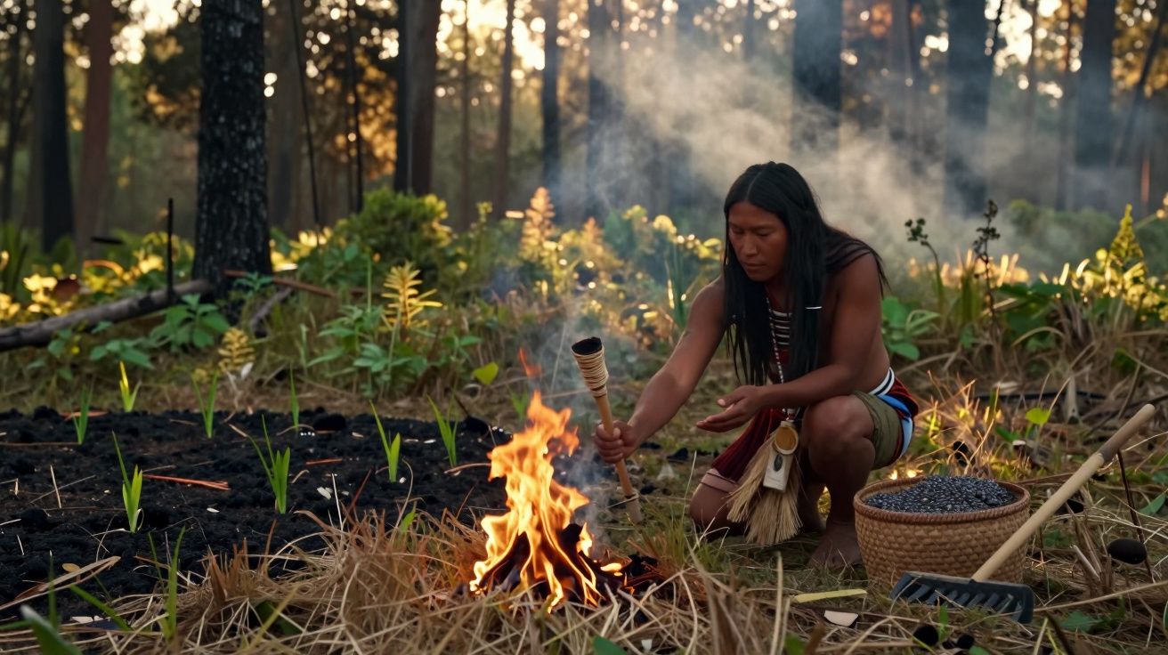 Indígena em tronco agachado junto a fogo numa clareira na floresta com cestos e ferramentas à volta.