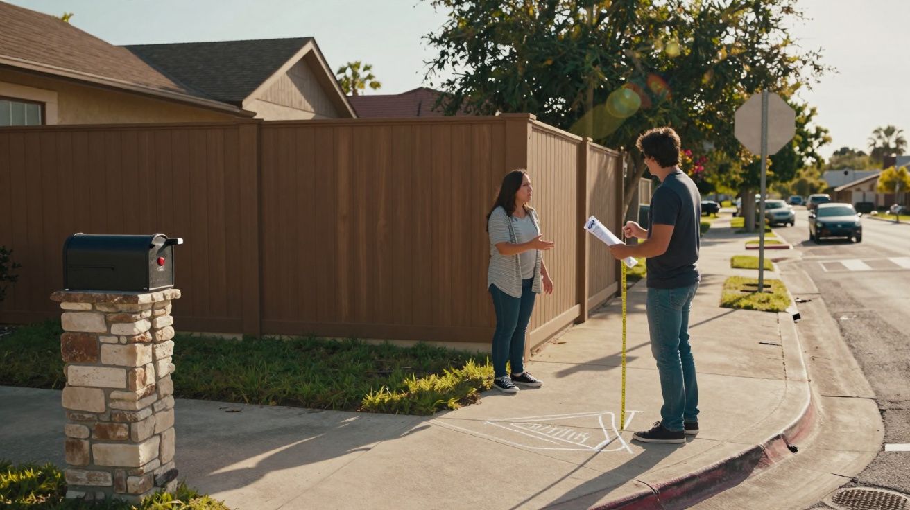 Homem a medir passeio com fita métrica, mulher observa, rua residencial tranquila ao fundo.