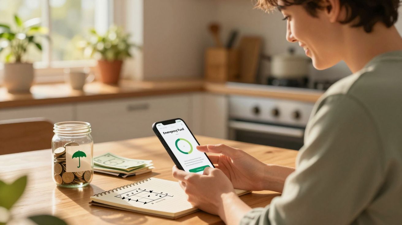 Pessoa sentada a usar telemóvel para gerir fundo de emergência, com caderno e mealheiro sobre a mesa de madeira.