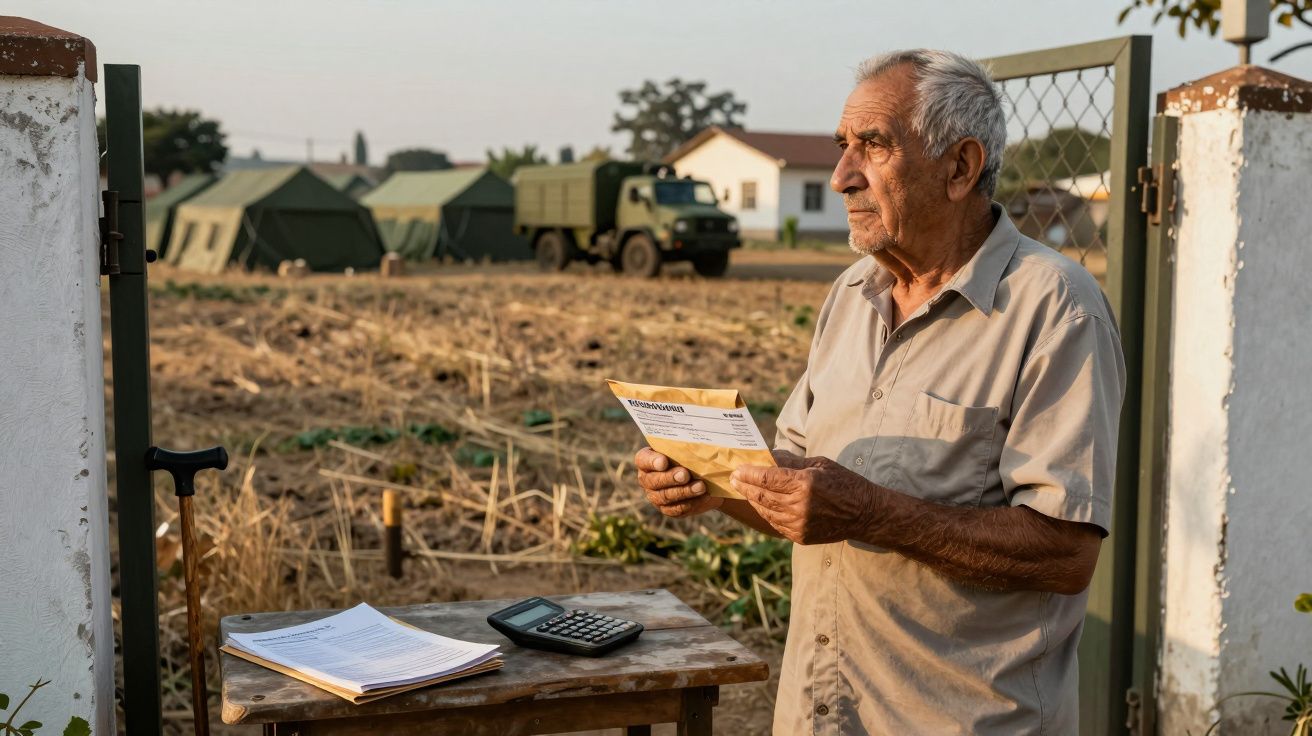 Homem idoso de pé num campo, segurando um envelope, com documentos e calculadora numa mesa ao lado.