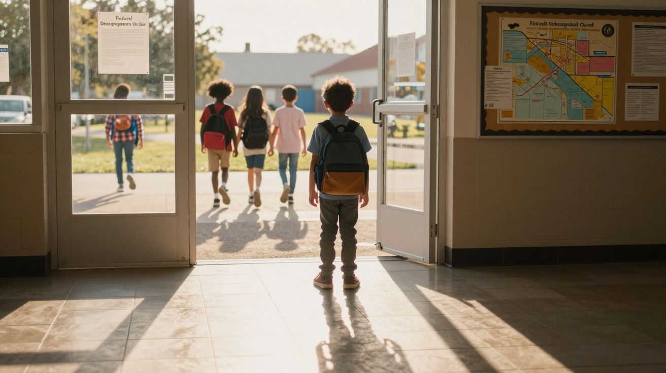 Criança sozinha com mochila na entrada da escola, observando outras crianças a sair para o recreio ao pôr do sol.