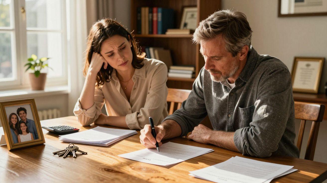 Casal preocupado sentado à mesa, ele a escrever num documento e ela a observar, com chaves e foto de família à frente.
