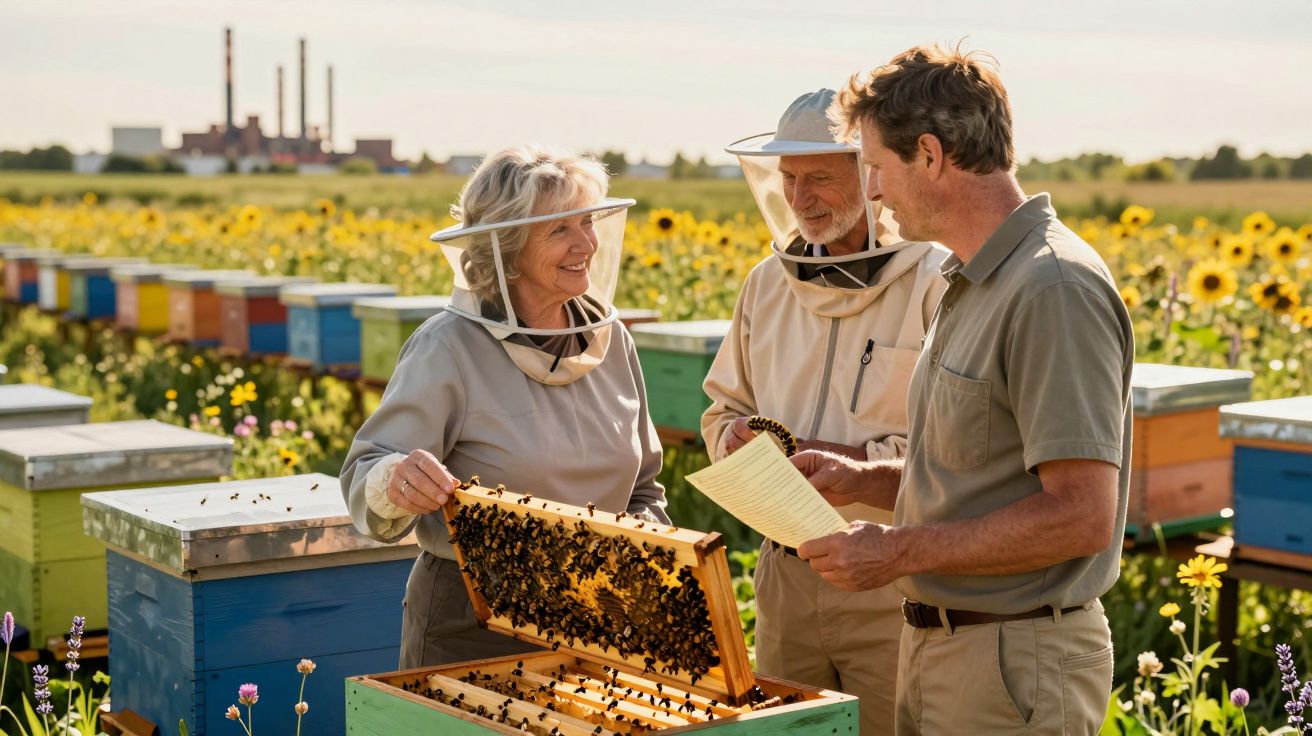 Três apicultores em campo com colmeias e girassóis, usando roupas de proteção e a analisar mel.