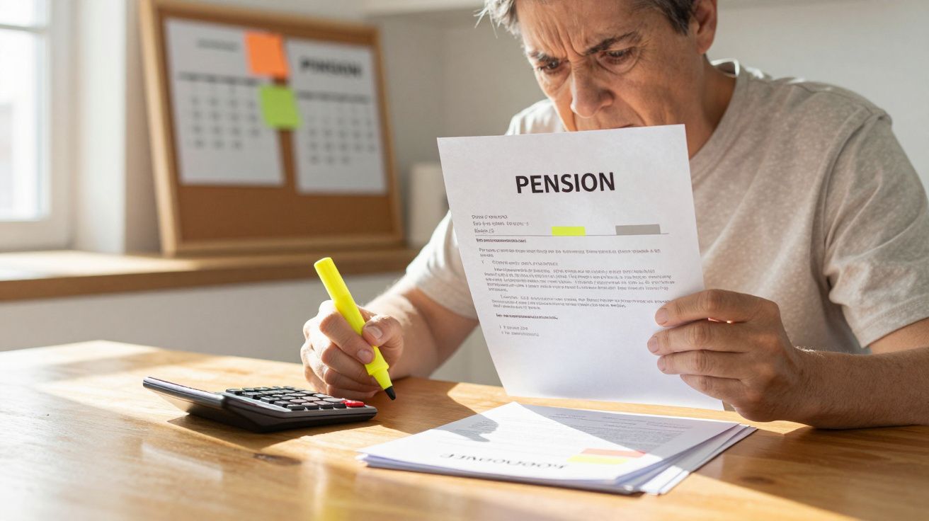 Homem idoso a analisar documentos de pensão com marcador amarelo e calculadora na mesa.