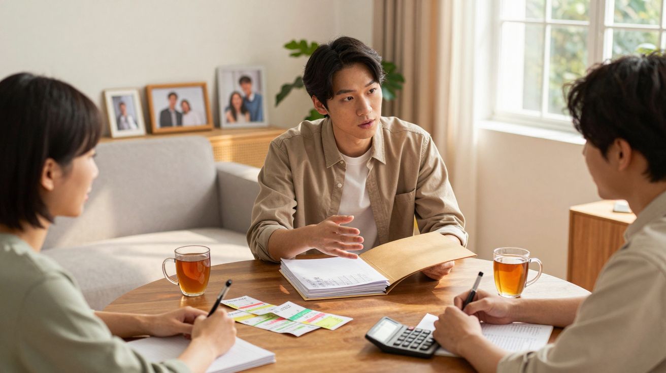 Três pessoas sentadas à mesa discutem documentos com calculadora e chá, num ambiente iluminado e acolhedor.