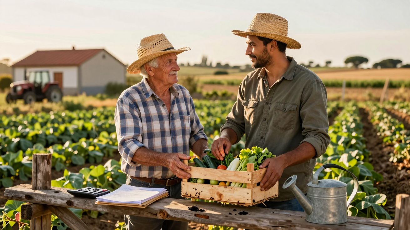Dois agricultores com chapéus de palha seguram caixa de legumes frescos numa horta ao ar livre.