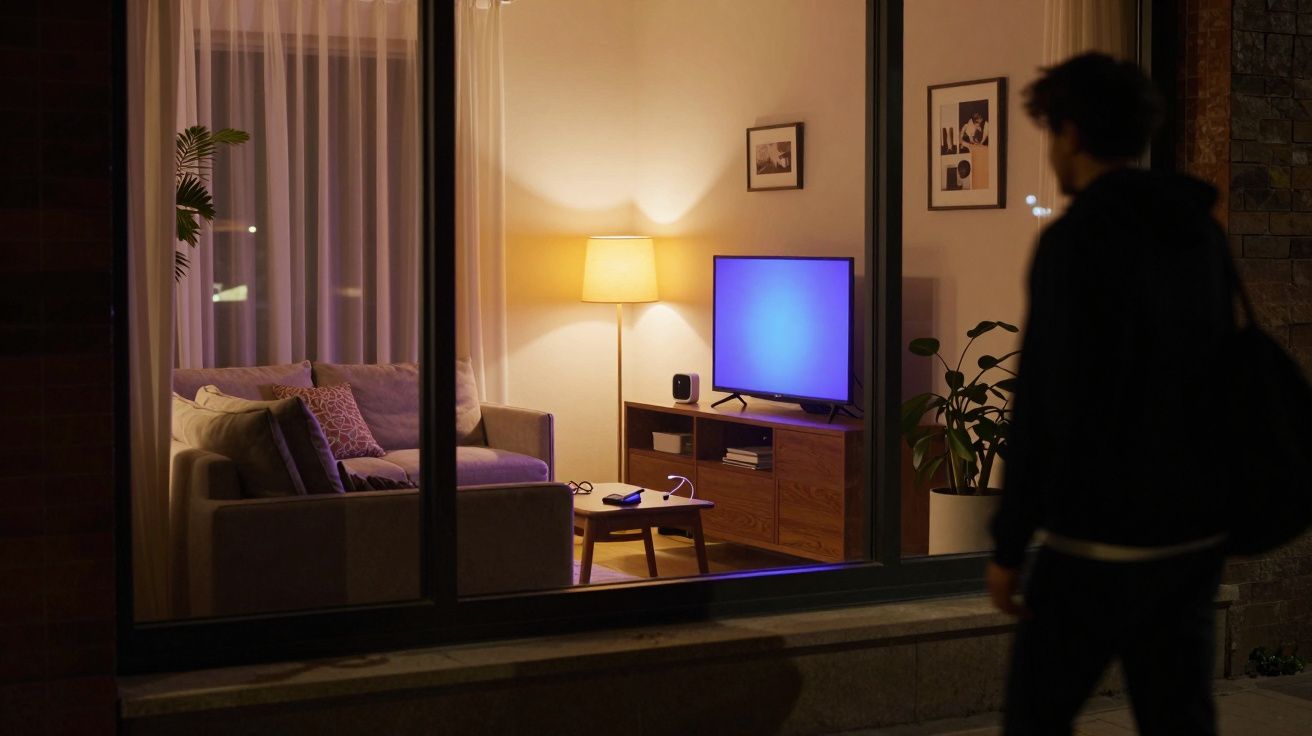 Interior de sala de estar à noite visto de fora, com sofá, candeeiro, televisão e pessoa junto à janela.