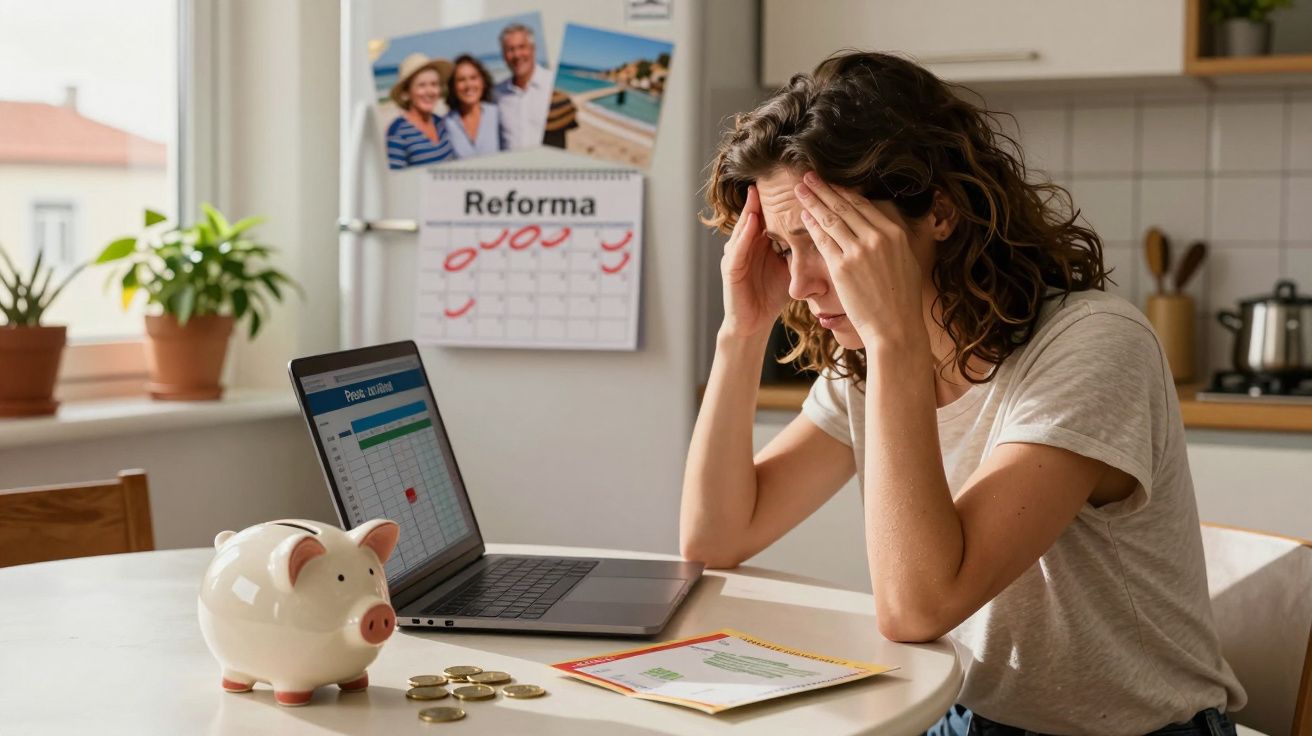 Mulher preocupada analisa finanças com computador, notas e mealheiro numa cozinha iluminada.