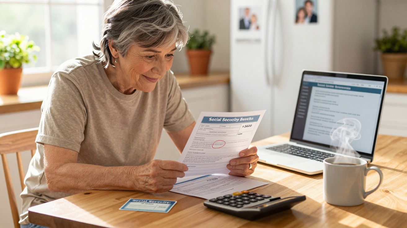 Mulher idosa sentada a ler documento de benefícios sociais com laptop, calculadora e chá na mesa da cozinha.