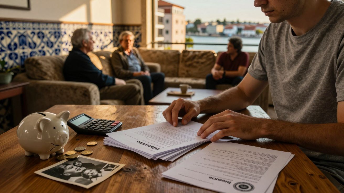 Pessoa a analisar documentos financeiros numa mesa com cofres, moedas e fotografia antiga, enquanto três idosos conversam ao 