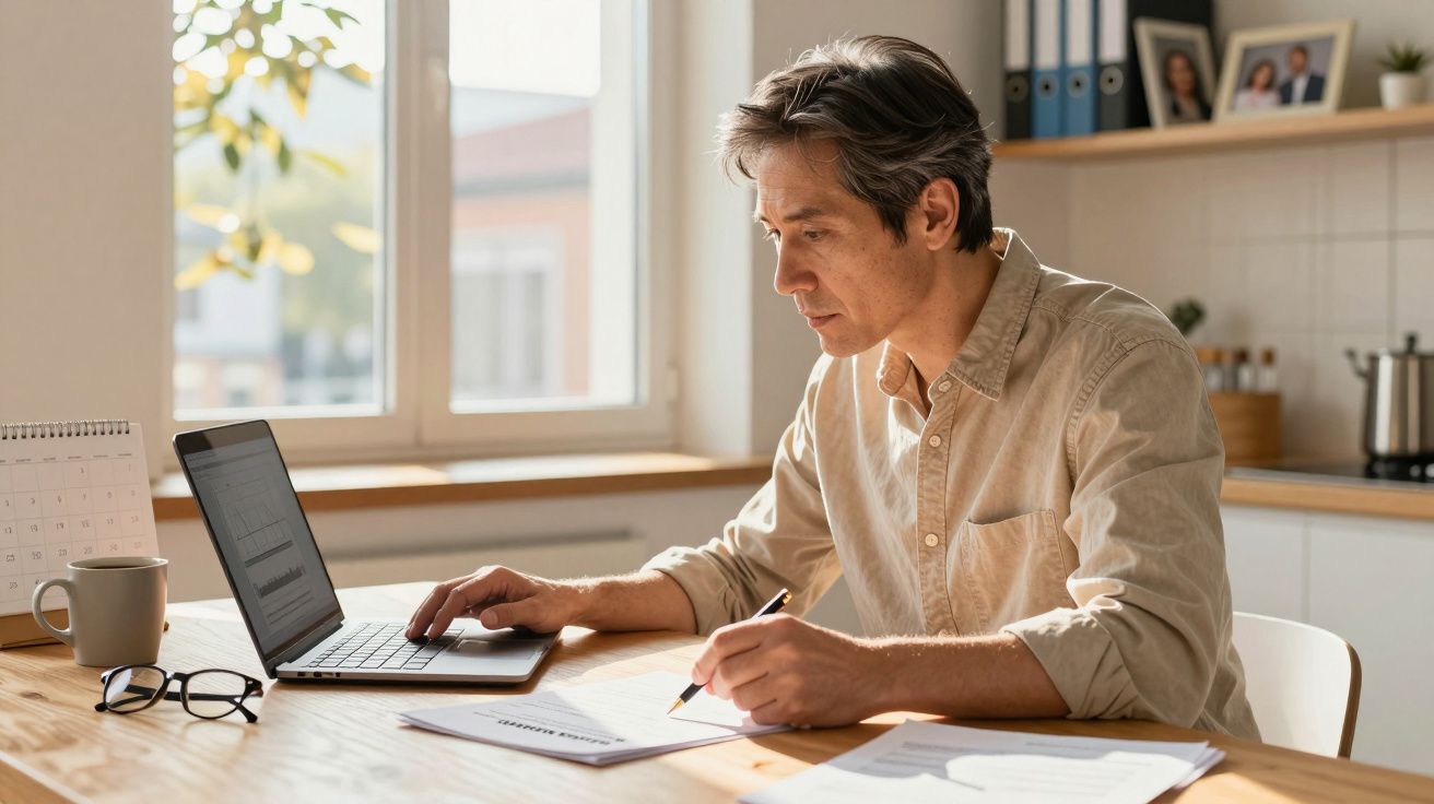 Homem concentrado a trabalhar em casa com portátil, documentos e caneta numa mesa de madeira.