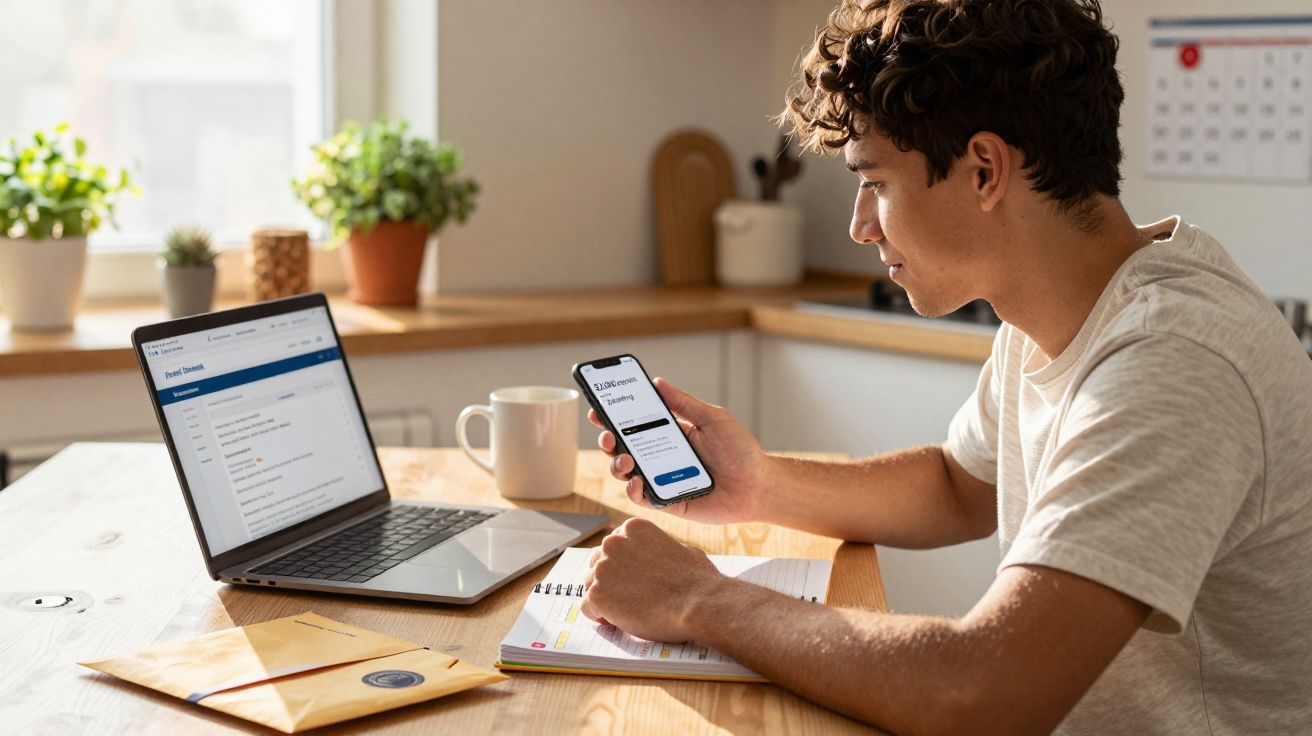 Homem sentado a estudar à mesa com computador portátil e telemóvel na mão numa cozinha iluminada.