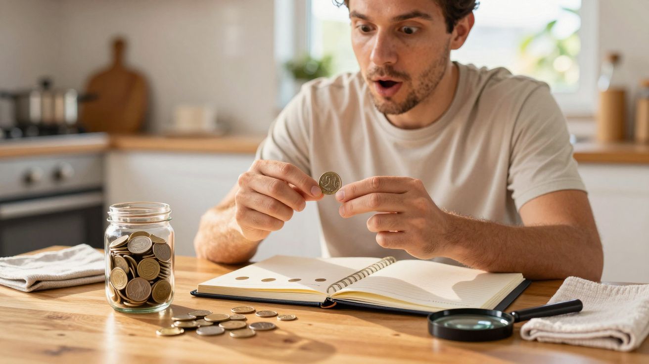 Homem surpreendido a examinar uma moeda, sentado à mesa com caderno, moedas e lupa numa cozinha iluminada.