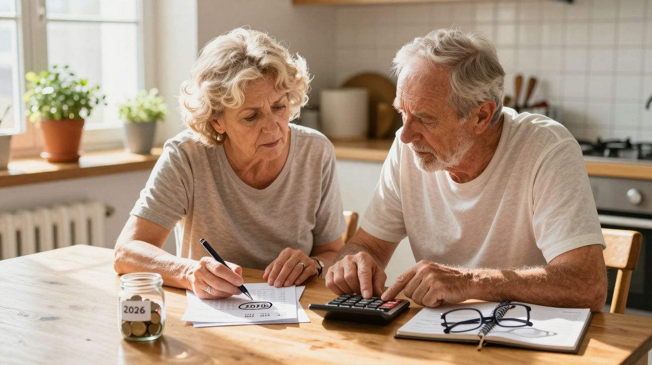 Casal idoso sentado à mesa a calcular finanças com calculadora e apontamentos, ao lado de mealheiro com moedas.