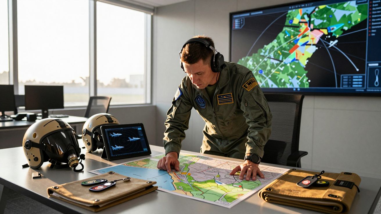 Militar de uniforme e auscultadores analisa mapa numa sala com ecrã táctil e capacetes de piloto na mesa.