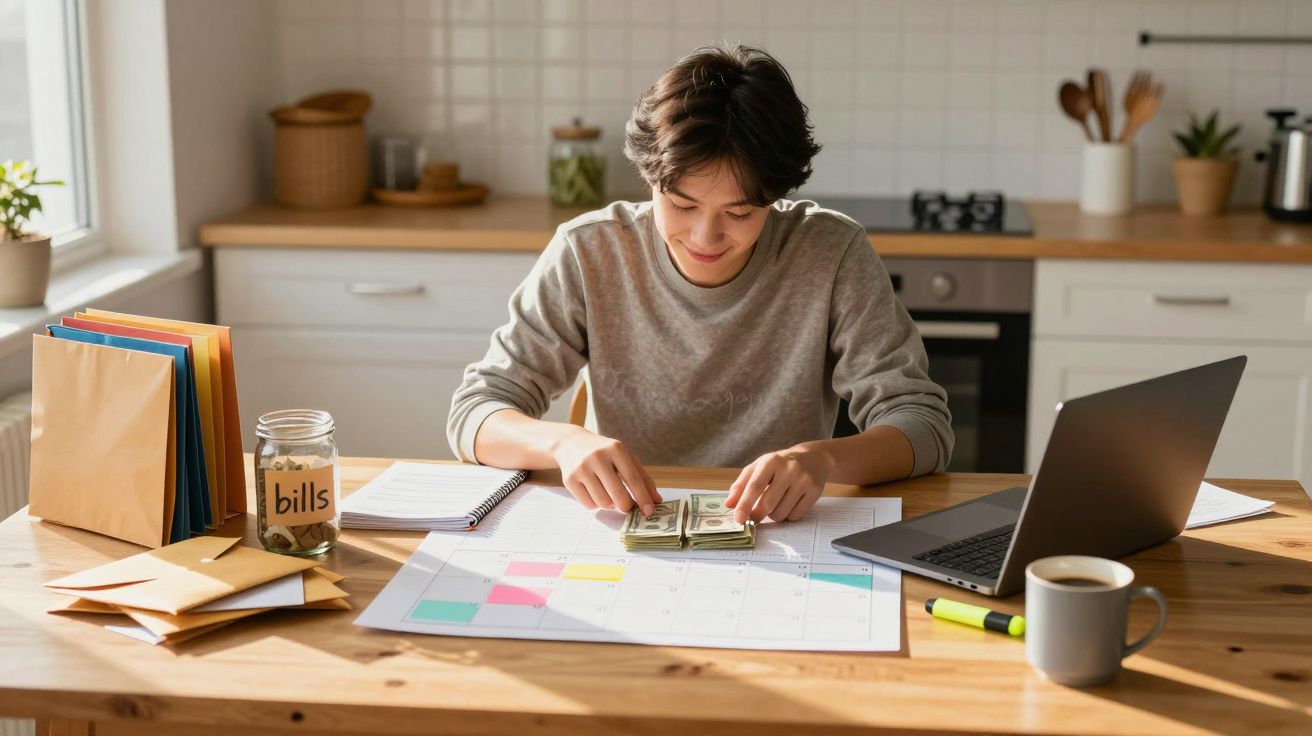 Jovem sentado à mesa a organizar dinheiro com calendário, laptop, envelope e jarro etiquetado “bills” na cozinha.