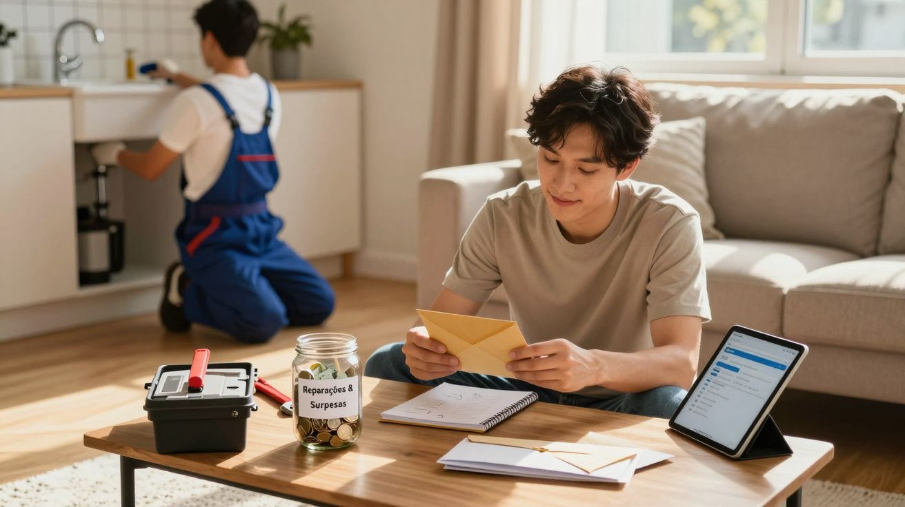 Jovem sentado no chão lendo carta, com jarro de poupança para reparações na mesa, e homem a reparar cano na cozinha.