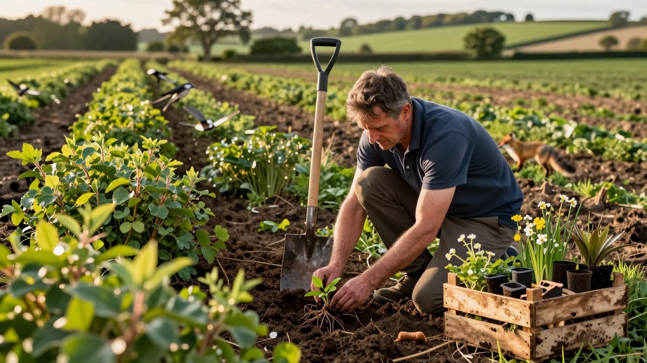 Homem a plantar uma muda numa horta ao ar livre com caixa de plantas e pá ao lado.