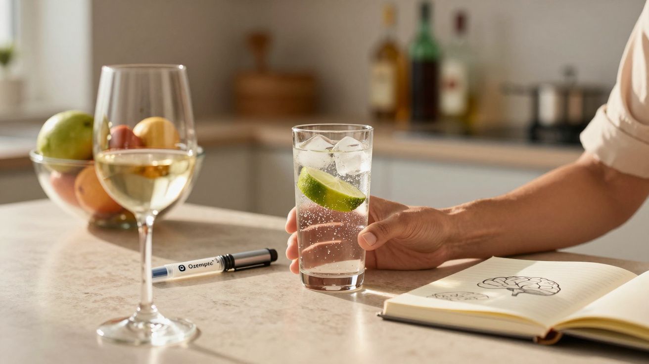 Mão a segurar copo com bebida, fatia de lima, cubos de gelo, copo de vinho, caneta e caderno numa cozinha.