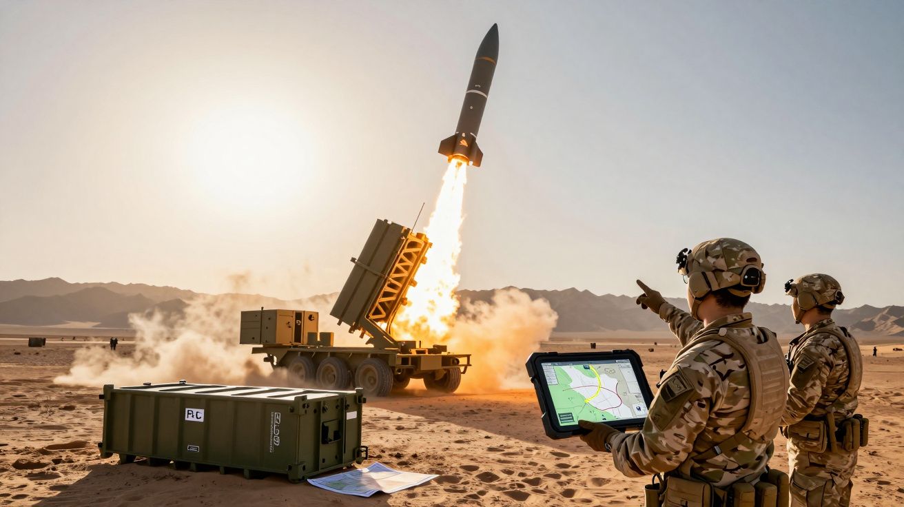 Soldados em uniforme militar operam lançamento de míssil a partir de sistema móvel no deserto ao pôr do sol.