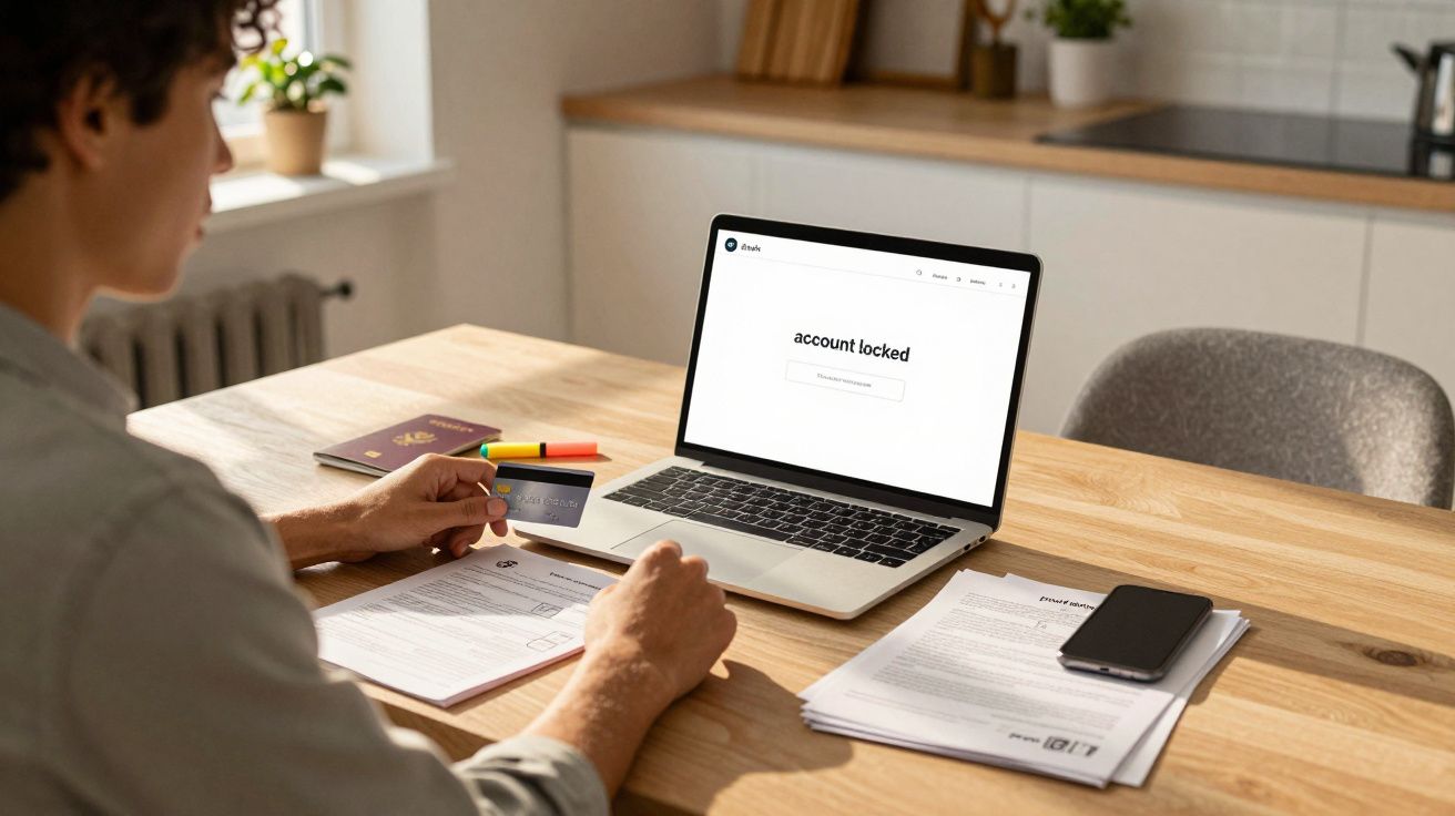 Pessoa a tentar aceder a conta bloqueada num portátil enquanto segura cartão de crédito.