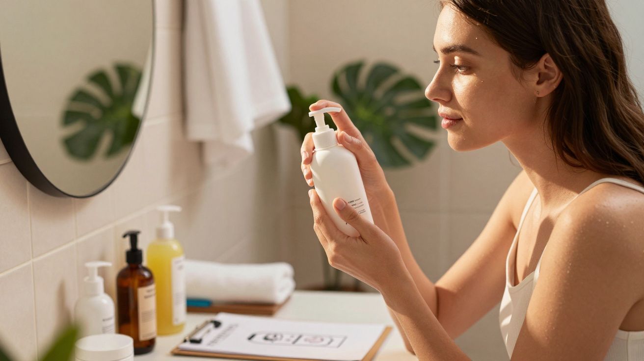 Mulher a segurar e ler a etiqueta de um frasco branco num quarto de banho iluminado.