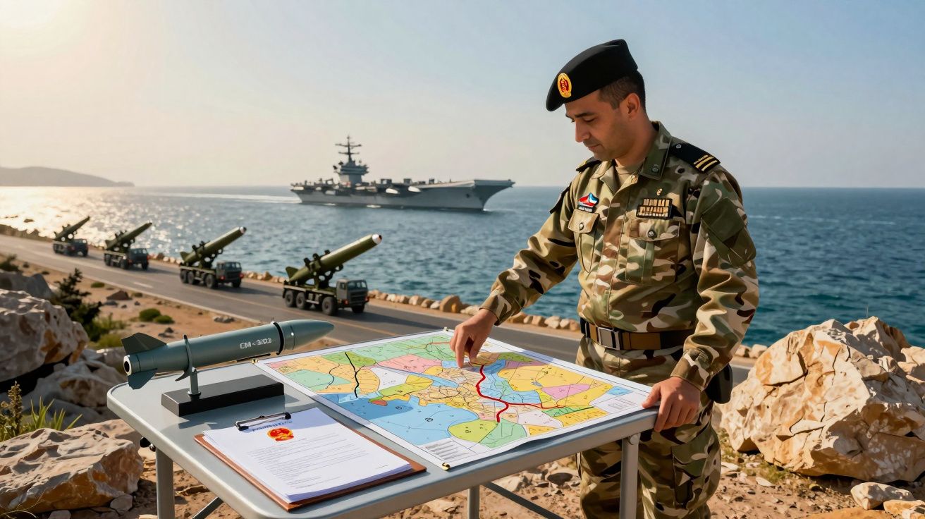 Soldado em uniforme camuflado a estudar mapas junto ao mar, com canhões alinhados e porta-aviões ao fundo.